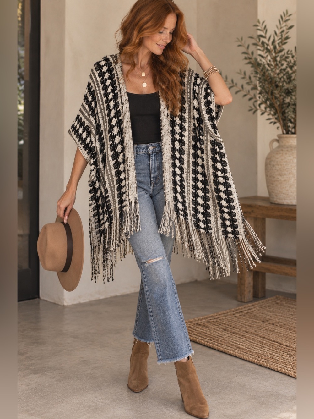 Boho Black Ivory Gray Hooded Knit Poncho Cardigan Fringe Open Front